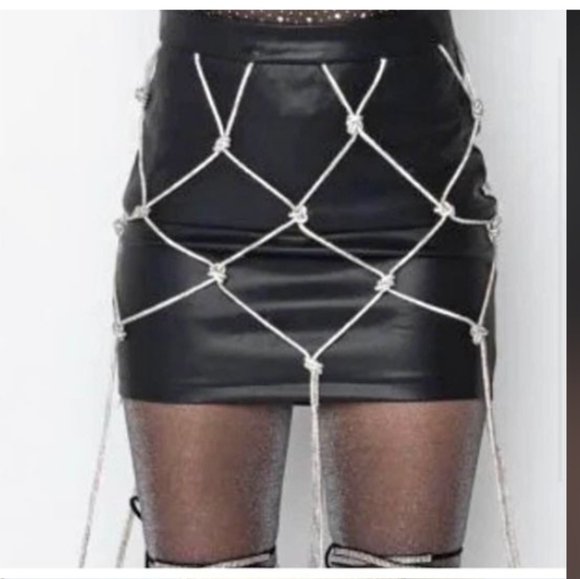 Akira Faux leather skirt long fishnet rimestone diamond on top size M - Picture 11 of 11